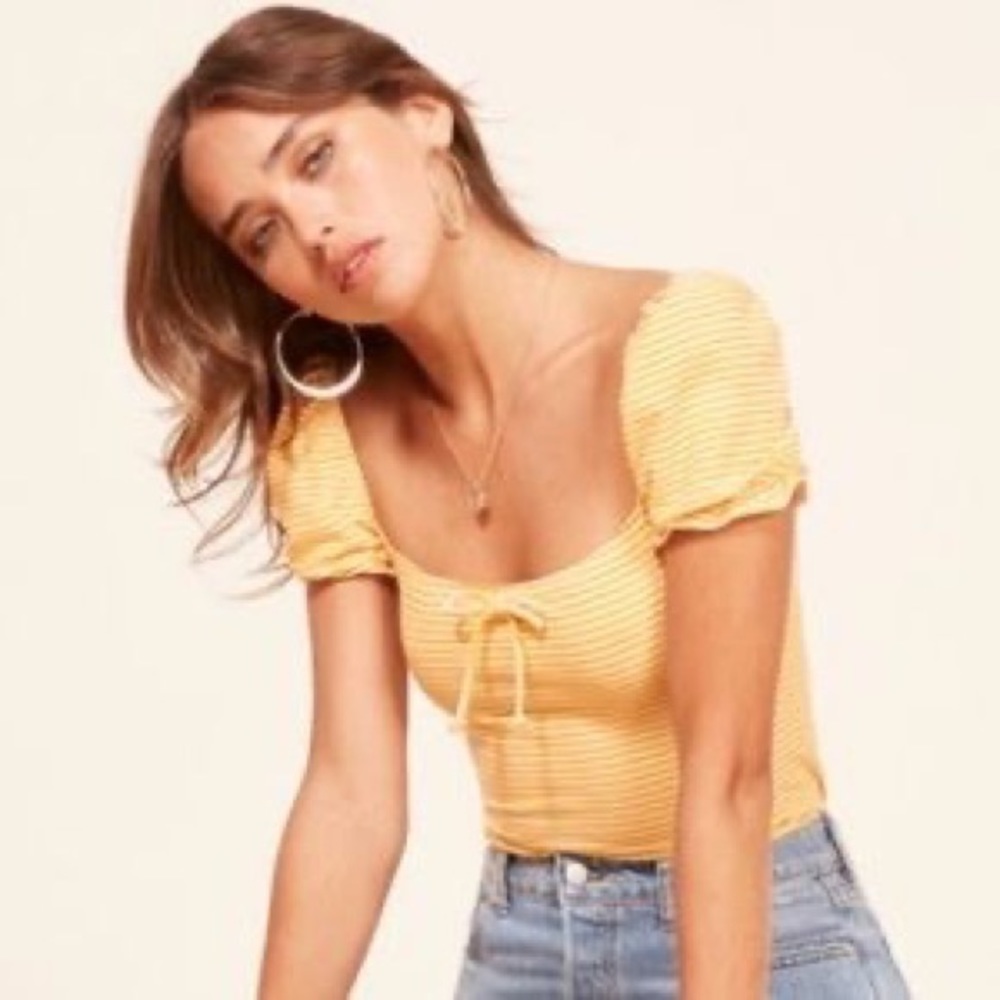 REFORMATION Yellow Striped Cap Sleeve Top - Medium
